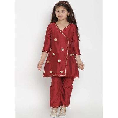 Bitiya by Bhama Girls Maroon Embroidered Kurta with Pyjamas