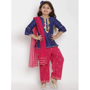 Bitiya by Bhama Girls Blue & Pink Solid Kurta with Pyjamas & Dupatta