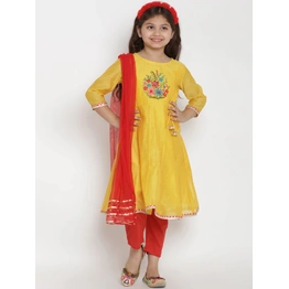 Bitiya by Bhama Girls Yellow & Red Embroidered Kurta with Pyjamas & Dupatta