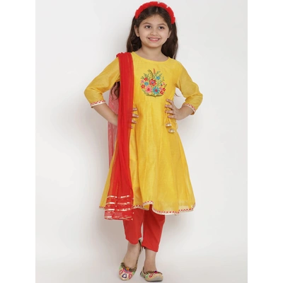 Bitiya by Bhama Girls Yellow & Red Embroidered Kurta with Pyjamas & Dupatta