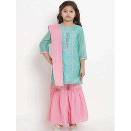 Bitiya by Bhama Girls Sea Green & Pink Solid Kurta with Sharara & Dupatta