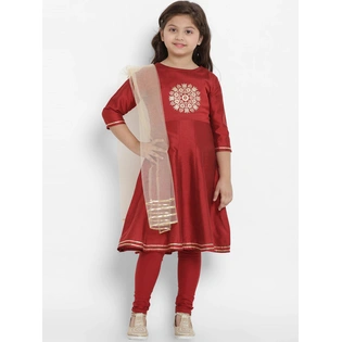 Bitiya by Bhama Girls Maroon & Beige Embroidered Kurtwith Churidar & Dupatta