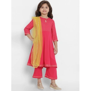 Bitiya by Bhama Girls Fuchsia Pink & Yellow Printed Kurta with Palazzos & Dupatta