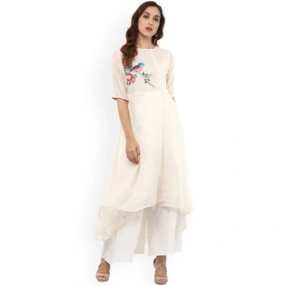 Bhama Couture Women Cream-Coloured & White Embroidered Kurta with Palazzos