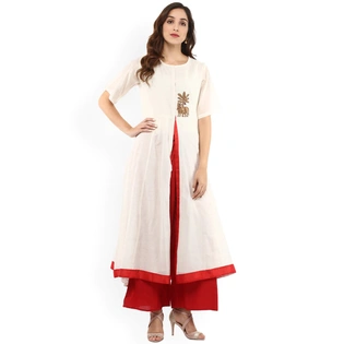 Bhama Couture Women Cream-Coloured & Red Embroidered Kurta with Palazzos