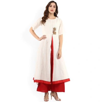 Bhama Couture Women Cream-Coloured & Red Embroidered Kurta with Palazzos