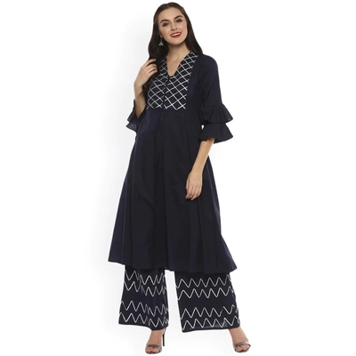 Bhama Couture Women Blue Yoke Design Kurta with Palazzos