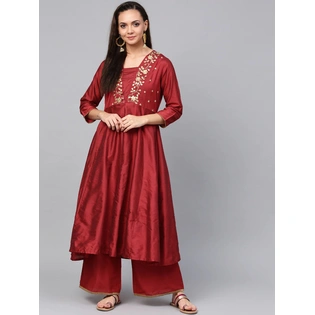 Bhama Couture Women Maroon & Gold-Toned Embroidered Kurta with Palazzos