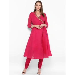 Bhama Couture Women Pink Embroidered Kurta with Churidar