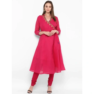 Bhama Couture Women Pink Embroidered Kurta with Churidar