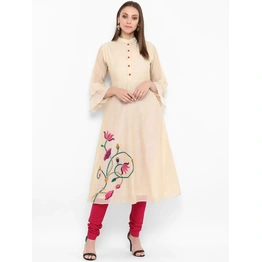 Bhama Couture Women Beige & Pink Embroidered Kurta with Churidar