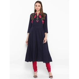 Bhama Couture Women Navy Blue & Red Embroidered Kurta with Churidar