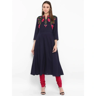 Bhama Couture Women Navy Blue & Red Embroidered Kurta with Churidar