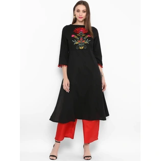 Bhama Couture Women Black & Red Embroidered Kurta with Palazzos