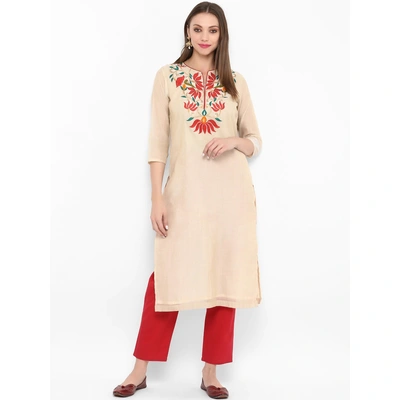 Bhama Couture Women Peach-Coloured & Red Embroidered Kurta with Trousers