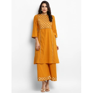 Bhama Couture Women Yellow Embellished Kurta with Palazzos