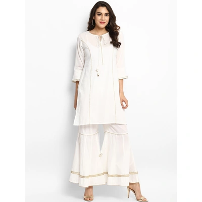 Bhama Couture Women White Solid Kurta with Palazzos