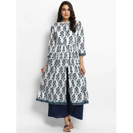 Bhama Couture Women White & Navy Blue Printed Kurta with Palazzos