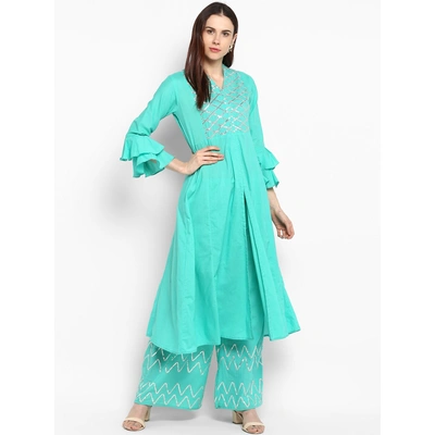 Bhama Couture Women Sea Green Yoke Design Kurta with Palazzos