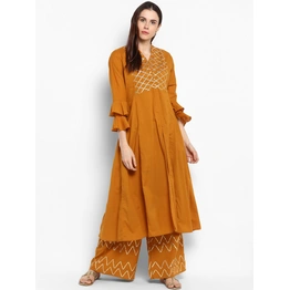 Bhama Couture Women Mustard Yoke Design Kurta with Palazzos