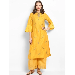 Bhama Couture Women Yellow Embroidered Kurta with Palazzos