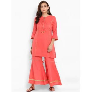 Bhama Couture Women Peach-Coloured Solid Kurta with Palazzos