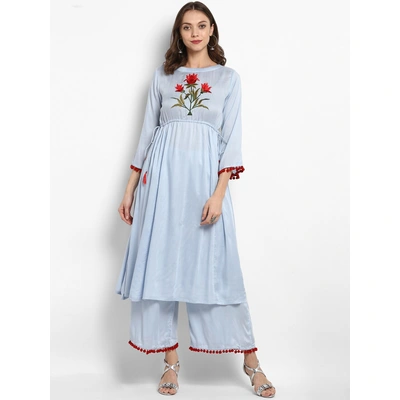 Bhama Couture Women Blue Embroidered Kurta with Palazzos