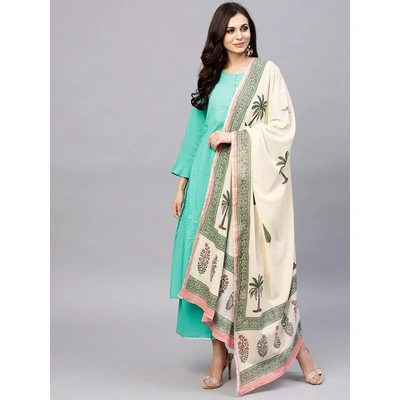 Bhama Couture Women Green & Off-White Yoke Design Kurta with Palazzos & Dupatta