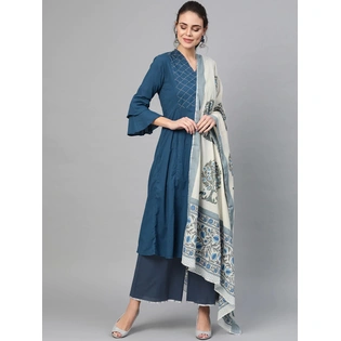 Bhama Couture Women Navy Blue & Off-White Yoke Design Kurta with Palazzos & Dupatta