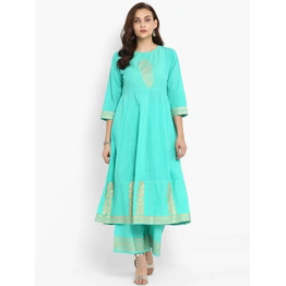 Bhama Couture Women Sea Green & Gold-Coloured Printed Kurta with Palazzos