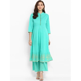 Bhama Couture Women Sea Green Printed Kurta with Palazzos