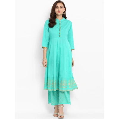 Bhama Couture Women Sea Green Printed Kurta with Palazzos