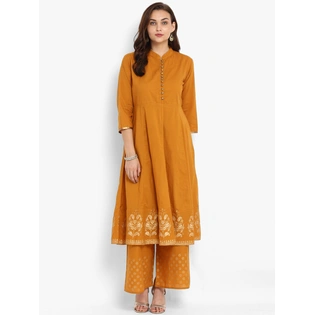 Bhama Couture Women Mustard & Gold-Toned Printed Kurta with Palazzos