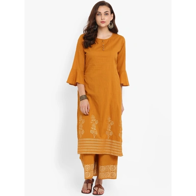 Bhama Couture Women Mustard Printed Kurta with Palazzos