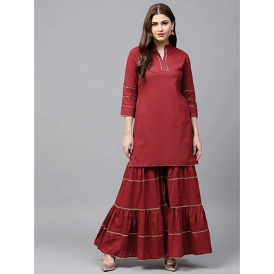 Bhama Couture Women Maroon Solid Kurta with Sharara