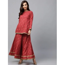 Bhama Couture Women Red & Golden Printed Kurti with Palazzos