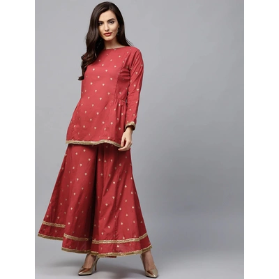 Bhama Couture Women Red & Golden Printed Kurti with Palazzos