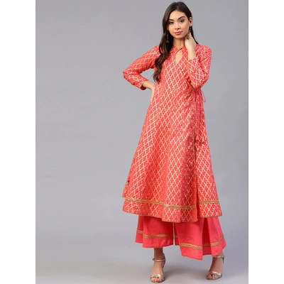 Bhama Couture Women Coral Pink & Golden Printed Kurta with Palazzos