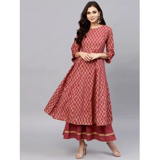 Bhama Couture Women Maroon & Golden Printed Kurta with Palazzos