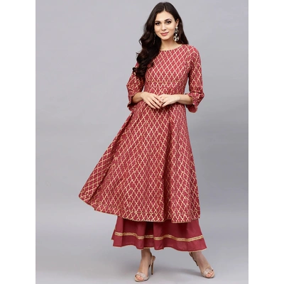 Bhama Couture Women Maroon & Golden Printed Kurta with Palazzos