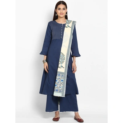 Bhama Couture Women Blue & Embroidered Kurta with Palazzos & Dupatta