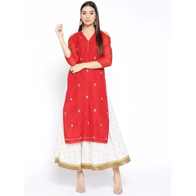 Bhama Couture Women Red & Off-White Self Design Kurta with Skirt