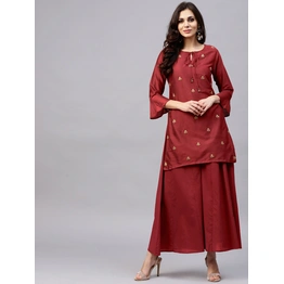 Bhama Couture Women Maroon Embroidered Kurta with Palazzos