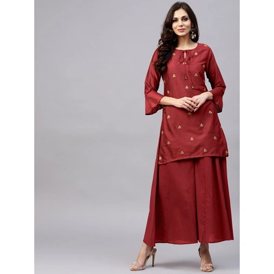 Bhama Couture Women Maroon Embroidered Kurta with Palazzos