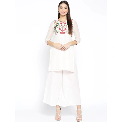 Bhama Couture Women White & Red Yoke Design Kurti with Palazzos