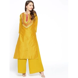 Bhama Couture Women Mustard Yellow & Maroon Gotta Patti Yoke Design Kurta with Palazzos