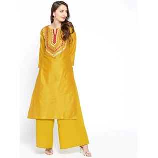 Bhama Couture Women Mustard Yellow & Maroon Gotta Patti Yoke Design Kurta with Palazzos