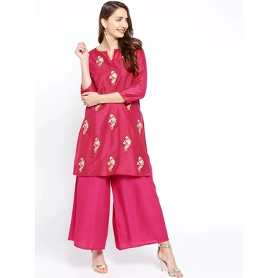 Bhama Couture Women Magenta Embroidered Kurta with Palazzos