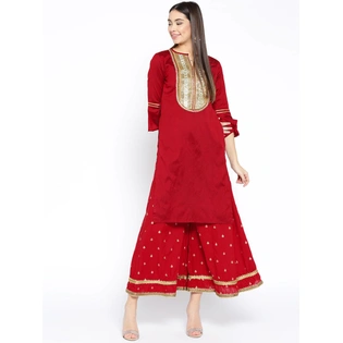 Bhama Couture Women Maroon Yoke Design Gotta Patti Kurta with Palazzos