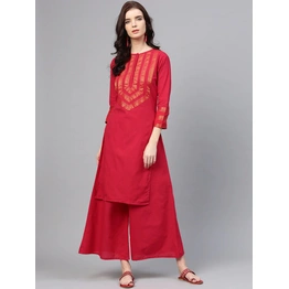 Bhama Couture Women Red & Golden Yoke Design Kurta with Palazzos